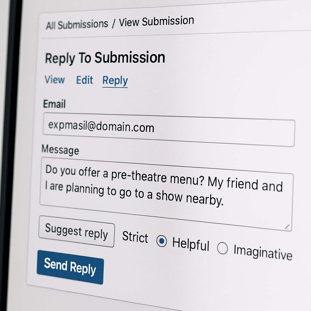 Screenshot of Fletcher’s Restaurant staff dashboard showing the new AI-powered Suggest Reply button and a dropdown menu for reply style selection.